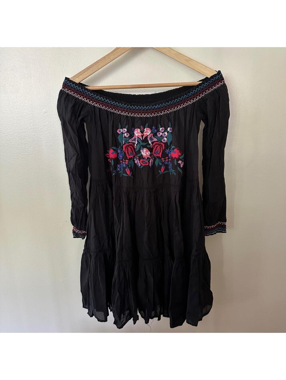 Free People Black Mini Dress with Floral Embroidery